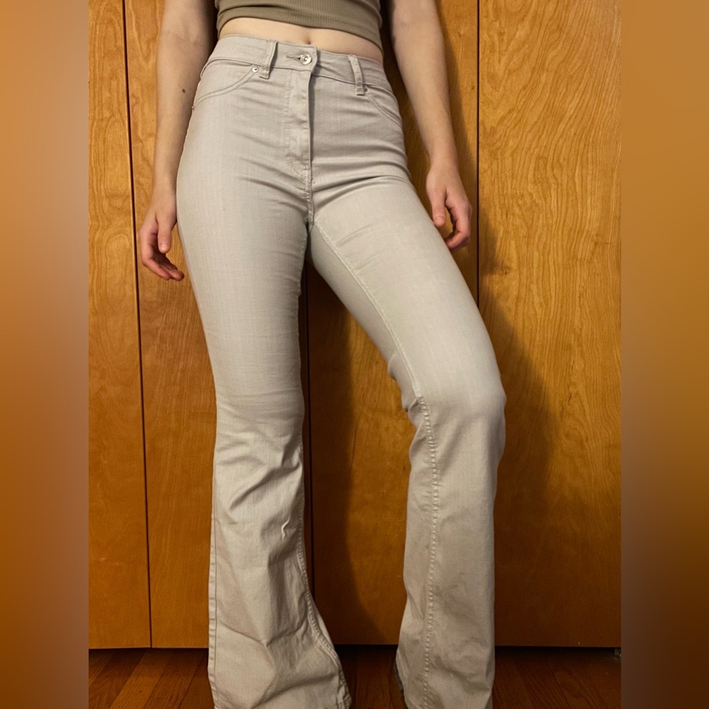Stylish cream/ light grey High-Waisted Flare Tweed Pants